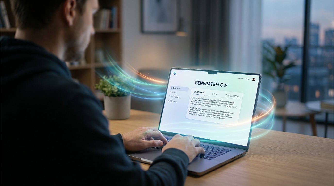 Homme utilisant un ordinateur portable. L'écran lumineux montre le générateur de texte IA "GENERATEFLOW", produisant du contenu. Effets visuels d'IA. Bureau.