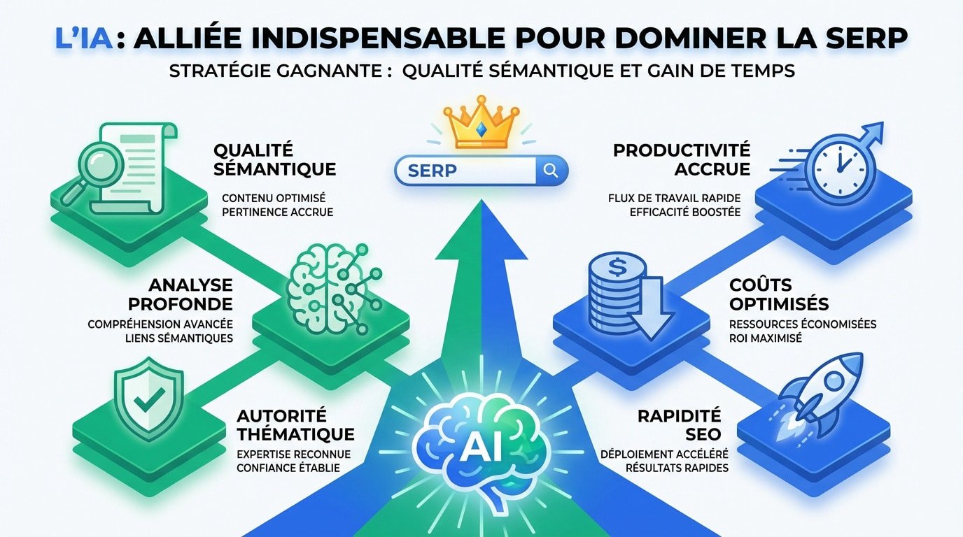 Graphique illustrant l'importance de l'intelligence artificielle pour la domination sémantique et le gain de temps en SEO