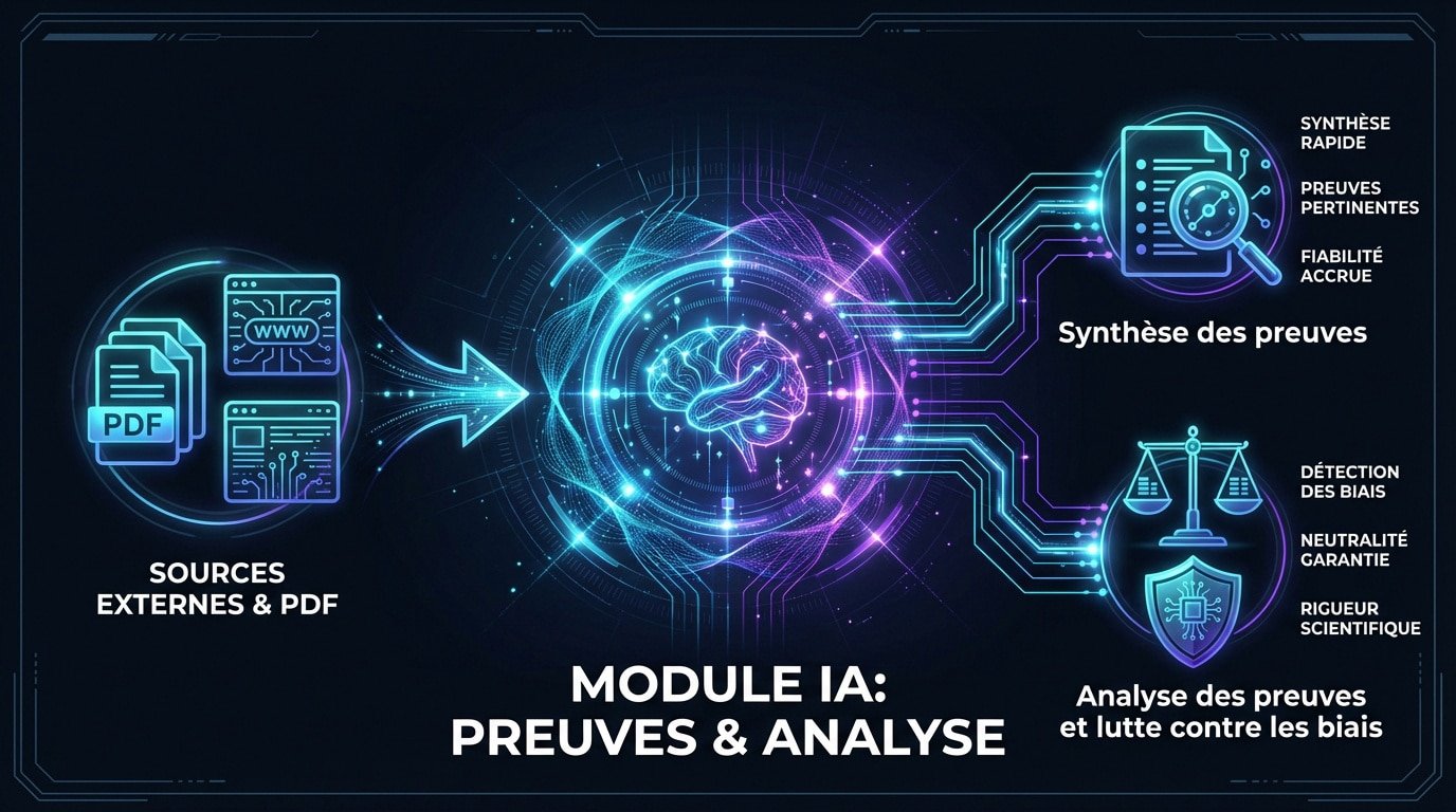 Interface d'un rédacteur d'articles IA analysant des preuves scientifiques