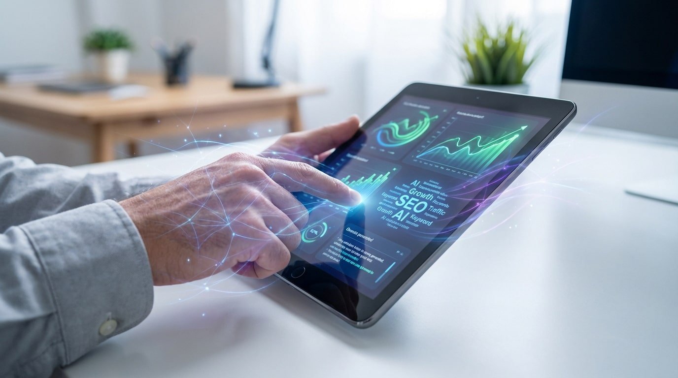 Mains d'une personne interagissant avec une tablette affichant des graphiques d'analyse SEO, croissance et IA, avec effets lumineux de connexion.