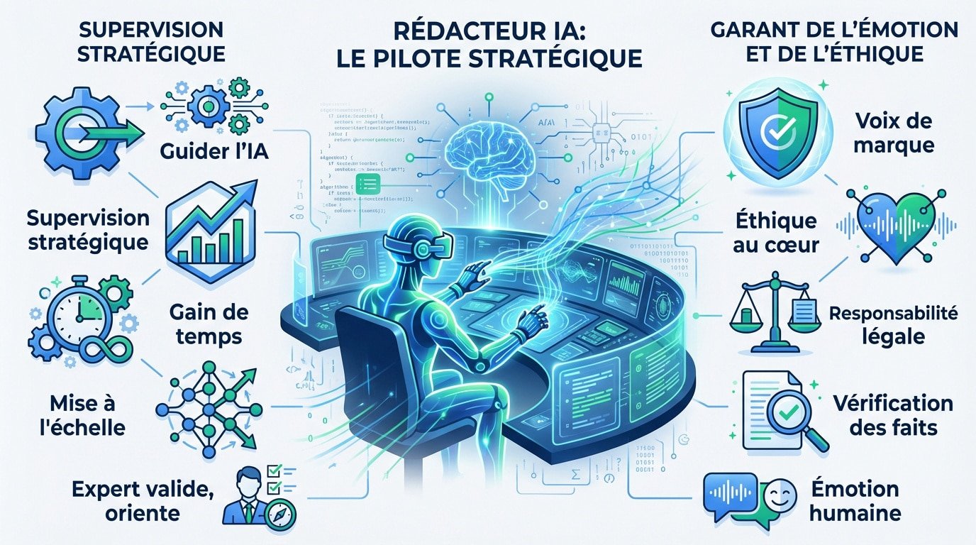 Rédacteur IA pilotant une stratégie de contenu numérique via un logiciel spécialisé