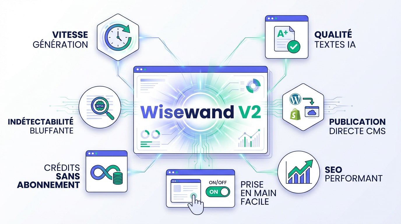 Infographie présentant les bénéfices de Wisewand V2 pour la rédaction SEO
