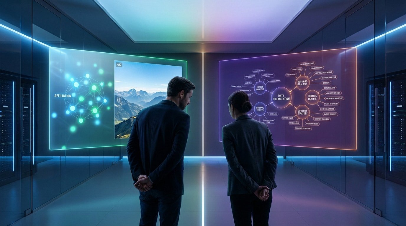 Deux professionnels face à deux écrans lumineux affichant données, affiliation et stratégies. Scène futuriste dans un centre de serveurs.