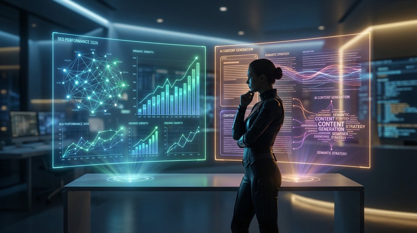 Femme analysant des écrans holographiques de performance SEO, croissance organique et stratégie de contenu IA dans un bureau futuriste.