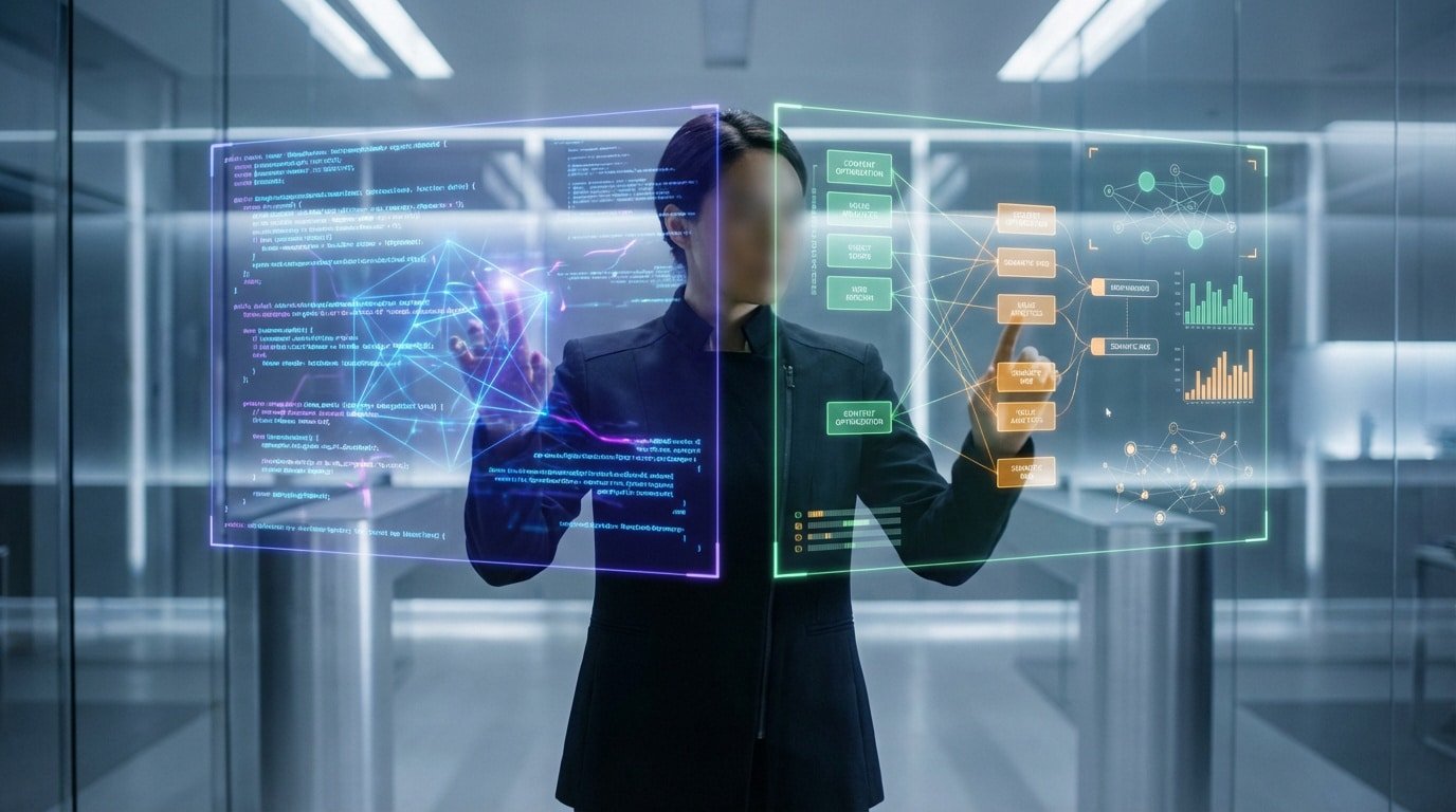 Une personne interagit avec deux écrans holographiques affichant du code et des données d'optimisation SEO.