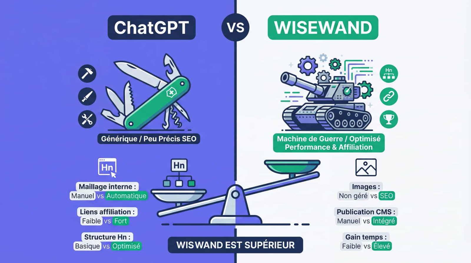 Comparaison des fonctionnalités SEO entre Wisewand et ChatGPT pour l'affiliation