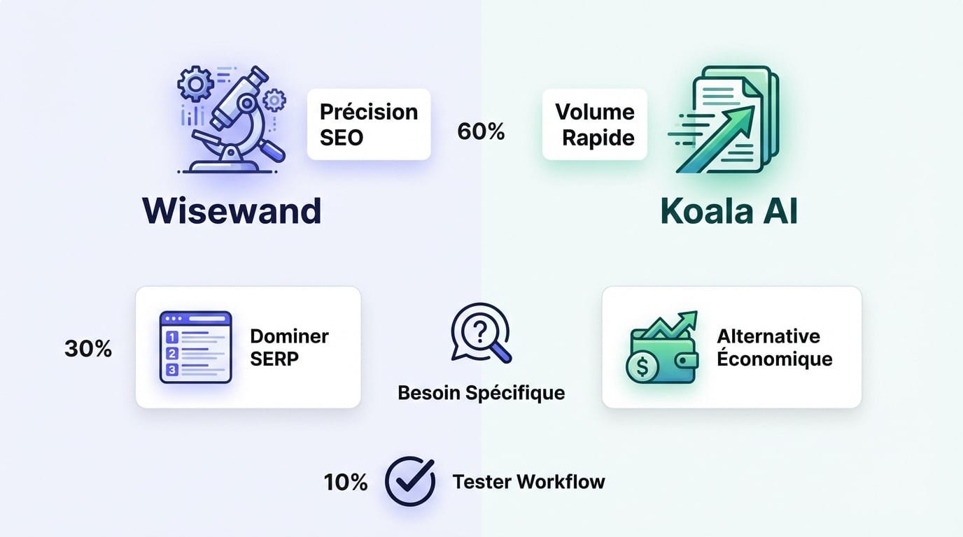 Tableau comparatif des fonctionnalités entre Wisewand et Koala AI pour le SEO