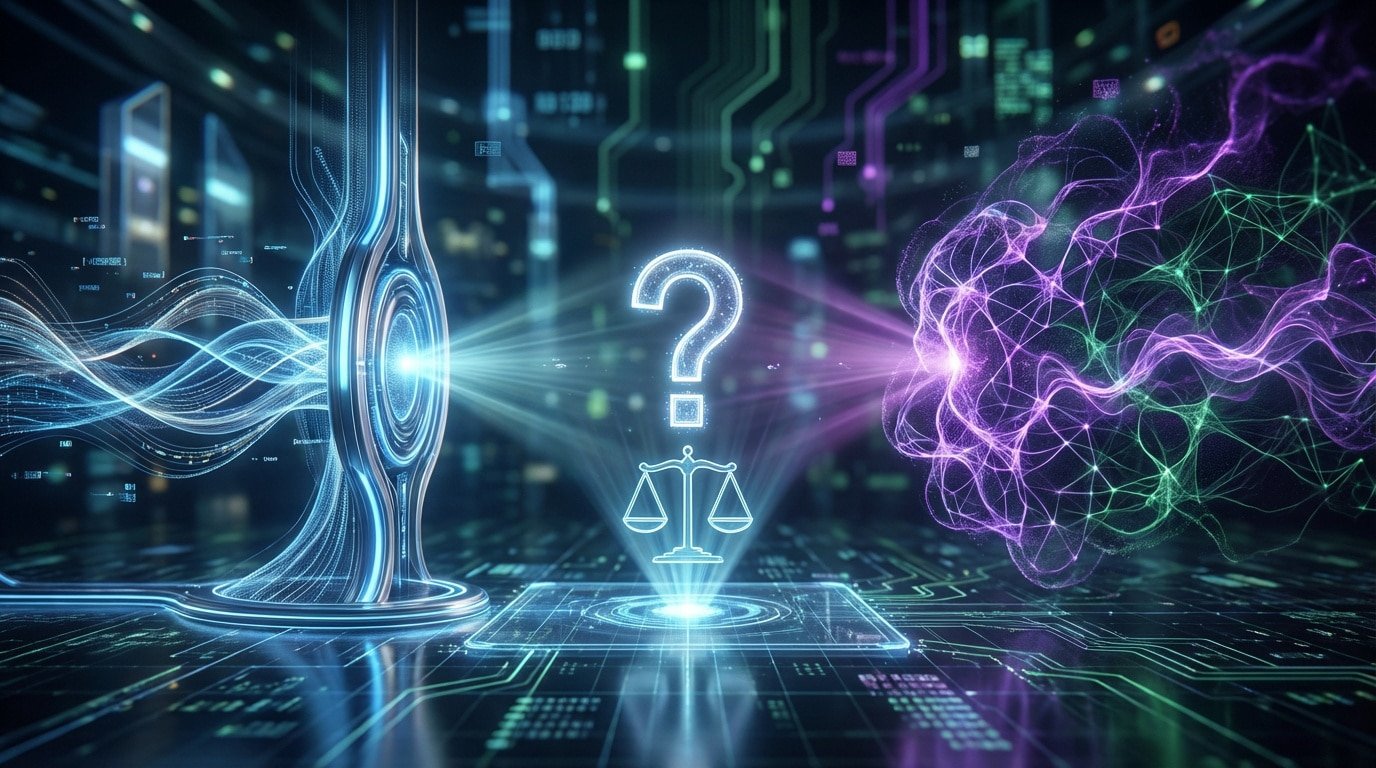Image futuriste : deux entités IA (bleue et violette) s'affrontent, avec un point d'interrogation et des balances au centre.