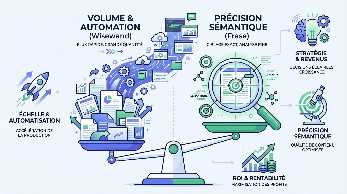 Comparaison entre la rédaction de contenu en volume avec Wisewand et la précision sémantique de Frase