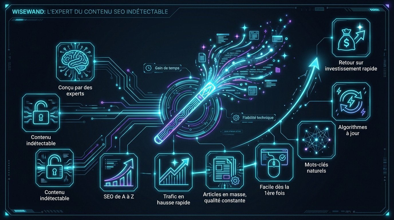 Infographie comparative des performances SEO et de l'indétectabilité des contenus générés par Wisewand