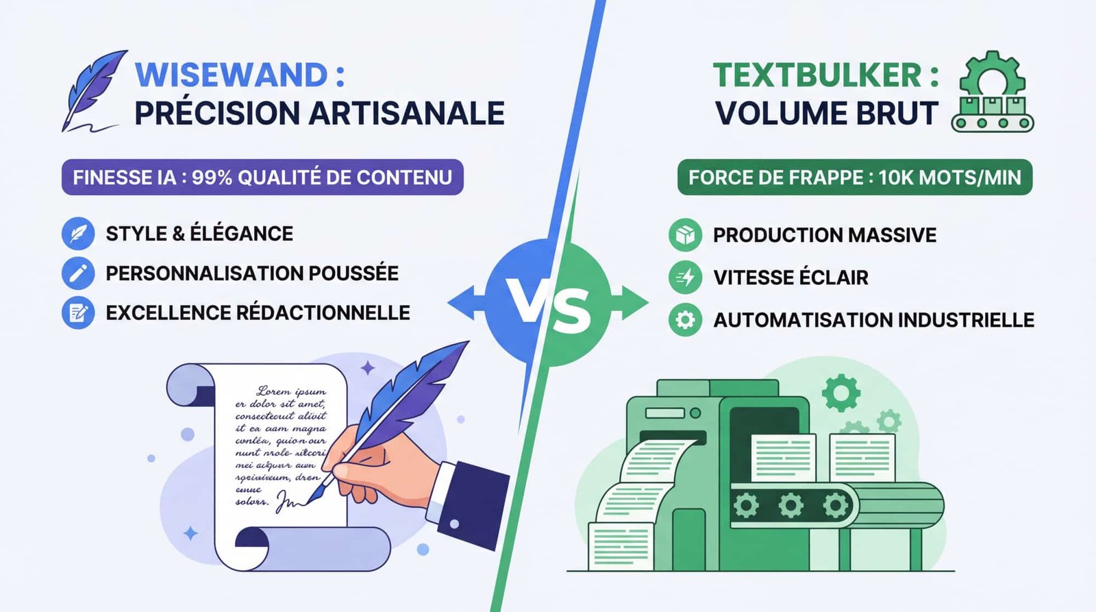 Comparaison entre Wisewand pour la qualité SEO et TextBulker pour le volume de contenu